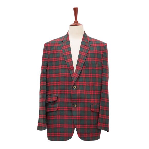 Mens 46R Blazer Sport Coat Red Green Plaid Tartan Wool Jacket Holiday Preppy
